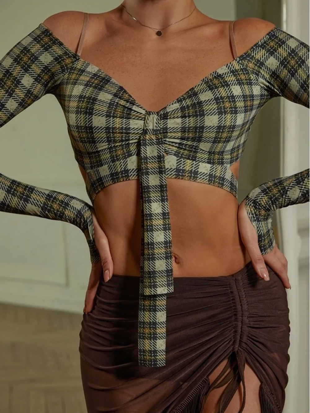 ZYM Dance Style Tie Front Plaid Crop Top Small NWT